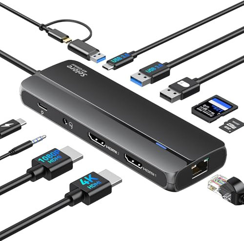 Docking Station Dual HDMI Splitter Extended Display for macOS, 10 in 1 USB C Docking Station Dual Monitor with 2 HDMI, USB C/A 3.0, PD 100W, Ethernet, Audio Mic for M1 M2 MacBook Pro/Air/Windows/Dell