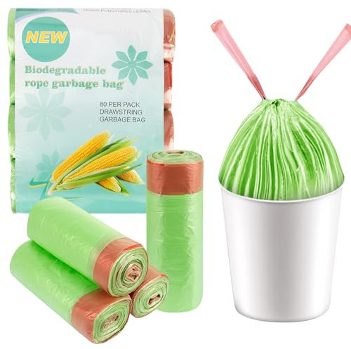 Lot de 80 sacs poubelle biologiques avec cordon de serrage, 4 rouleaux, respectueux de l'environnement, compostables pour cuisine, bureau, salon (vert, 45 x 50 cm)