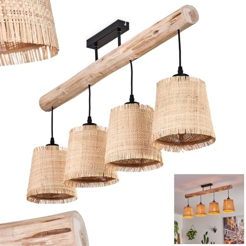 HOFSTEIN Soungou Ceiling Light, Modern Ceiling lamp Made of Wood/Metal/Bast in Natural/Black/Beige, 4-Light Ceiling Light in Scandinavian Design, 4 x E27, Height max. 44.5 cm, Without Bulbs