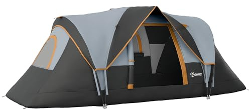 Outsunny 5-6 Man Camping Tent Tunnel Tent UV Protection 3000mm Water Resistant Hiking Shelter with Groundsheet and Carry Bag - Light Grey and Black