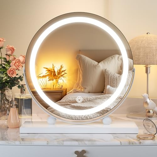 Hasipu Espejo de Maquillaje Redondo LED 28x28 cm, Espejo de tocador táctil 3 Tonos de luz Regulables en Brillo, Espejo Giratorio para tocador, Blanco