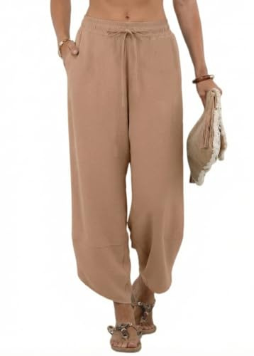 PrinStory Pantaloni estivi da donna in vita elastica pantaloni larghi a vita alta Palazzo Pantaloni con tasche, kaki chiaro, M