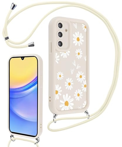 Vxinvnoi Nyckelbandsfodral för Samsung Galaxy A15 5G 6,5 tum, Aesthetic Blommor Ritningar Flickor Rep Fodral Halskedja Axelrem, Tunn Silikon TPU Stötsäker Stötsäker Fodral för Samsung A15, Beige