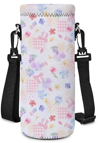 Mibbxea 500 ml vattenflaska bärväska, axelväska för flaskor, neopren flaskkylare med bärrem för män kvinnor, resor, cykling, vandring, gym, löpning, camping, Blommor med rosett, Länge - 19 cm