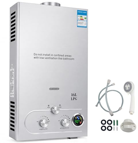 Scaldabagno a Gas, 16LPM 32KW Scaldabagno Senza Serbatoio Portatile, Scaldabagno Istantaneo al Propano Con Display Digitale Multi-protezione Per Viaggi in Campeggio, Viaggio in RV (16L)