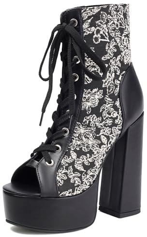 Zapatos Mujer Tacón Alto Plataforma Botines con Cordones Tacón Muy Alto Suela Gruesa Punta Redonda Suela de Goma Fiesta Club Escenario,Negro,35 EU