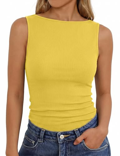Aottori Camiseta de Tirantes Mujer para Verano Canalé Elástico Cuello Barco | Punto Acanalado, Slim Fit, Acabado Liso, Comodidad Flexible, para Primavera Verano, Diseño Versátil
