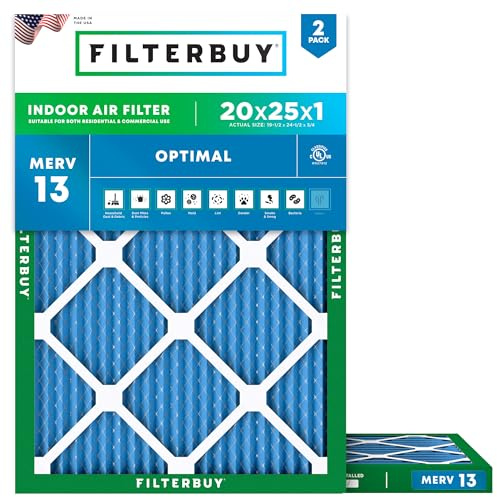 Filterbuy 20x25x1 Air Filter MERV 13 Optimal Defense (2-Pack), Pleated HVAC AC Furnace Air Filters Replacement (Actual Size: 19.50 x 24.50 x 0.75 Inches)