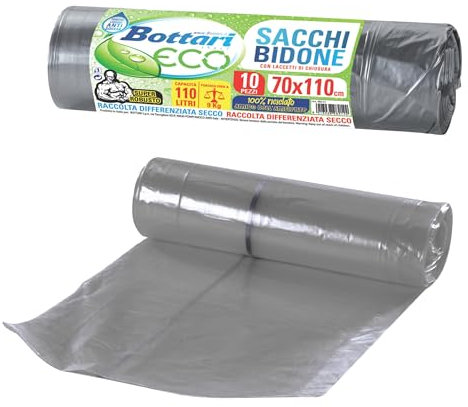 Bottari 98214 Sacchi Immondizia 110L 70x110 cm con Laccetti di Chiusura, Grigio, Raccolta Differenziata Secco, Sacchi per Spazzatura Resistenti e Riciclati, 1 Rotolo da 10 Pezzi