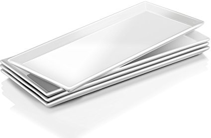 DOWAN 14.5 Rectangular Plates Set of 4 - Long Serving Trays for Sushi, Pasta, Chips, Appetizer, Cake - White Ceramic Rectangle Platter for Party, Restaurant, Banquet - Dishwasher & Oven Safe