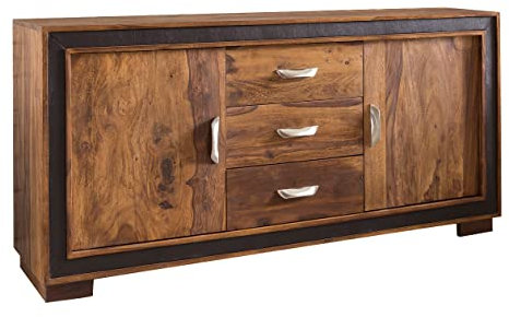 Massivholz Sideboard FineBuy 160cm Sheesham Kommode mit 2 Türen & 3 Schubladen aufwendige Lederumrandung