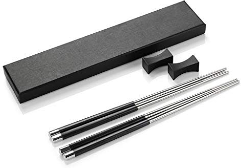Crazy-M 2 Set Bacchette in Lega di Alta qualità Bacchette Bacchette Bacchette in Acciaio Inox con Supporto Set Regalo Bacchette Cinesi Posate asiatiche con Scrigno Nero