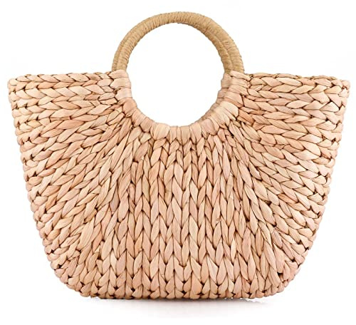 Summer Rattan Bag for Women Straw Hand-woven Top-handle Handbag Beach Sea Straw Rattan Tote Clutch Bags (Khaki)