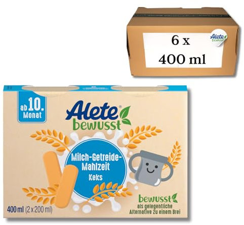Alete bewusst Milch-Getreide-Mahlzeit Keks, ab dem 10. Monat, trinkfertige Babynahrung mit Keksmehl, praktischer Ersatz zu Babybrei, warm oder kalt trinken, 6 x 400 ml (2 x 200 ml)