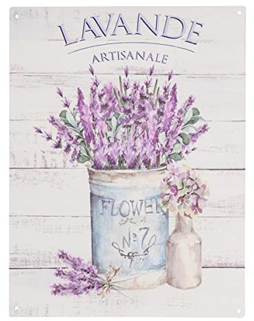 Adorno Decorativo Placa Metalica para Colgar Pared Flores Lavanda Fondo Blanco, Cuadro Mural Rústico, 33 cm