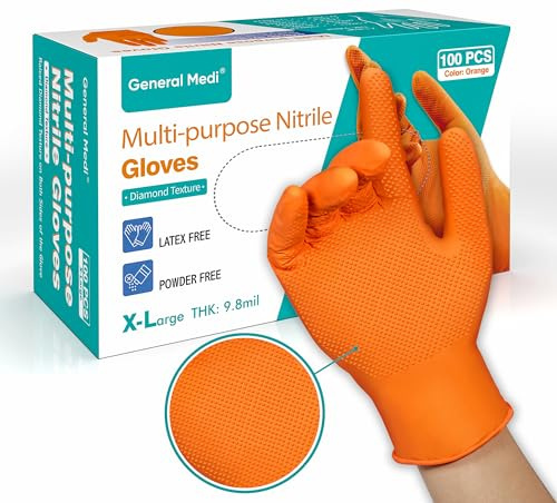 General Medi Nitrile Industrial Orange Gloves with Raised Diamond Texture, 100 Count (XL)
