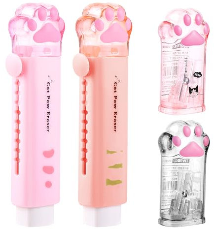 ASTER Lot de 4 taille-crayons et gommes en forme de patte de chat Kawaii, joli taille-crayon manuel avec gomme rétractable, taille-crayon manuel portable pour enfants, étudiants, fournitures scolaire