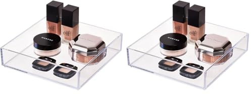 iDesign Makeup Organiser Tray, Large Plastic Drawer Organiser for Cosmetics, Makeup and Accessories, Practical Storage Box for Dressing Table, Drawers or Bathroom, Clear (Pack of 2)