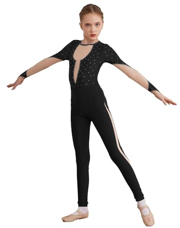 iEFiEL Mädchen Turnanzug Langarm Ganzkörperanzug Patchwork Gymnastikanzug Ballettanzug Ballett Trikot Glitzer Tanzkostüm Schwarz 146-152