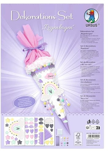 Ursus 9880021F - Dekorations-Set Regenbogen, 4 Bogen Bastelkarton, beidseitig bedruckt, vorgestanzt, genutet, zum Dekorieren einer Schultüte, mit Satinband