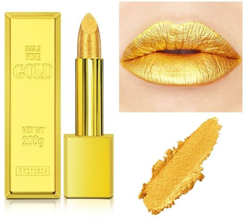 EONFAVE Goldener Lippenstift Makeup, Lippenstift 24 Stunden Halt, Matte Shimmer Lipstick, Tasse Mit Antihaftbeschichtung, Farbecht, Langanhaltend Wasserfester Lipgloss für Frauen Mädchen(#07)