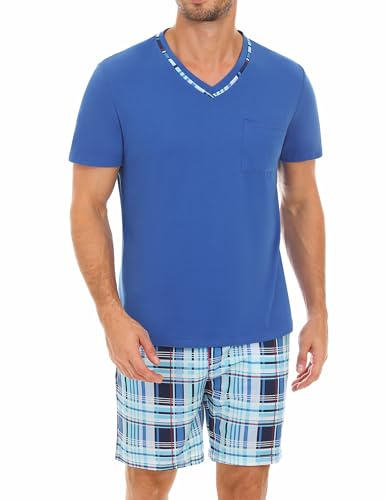 Demegimi Pyjama Homme Été Coton Ensemble Court Manches Courtes avec Poches Col Rond Pyjashort Confortable S-3XL