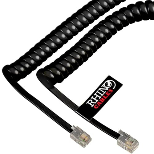 rhinocables Coiled RJ10 Telephone Cable (5m) Anti-Tangle Handset Lead for Fax, Intercom & Office Phones | Gold-Plated 4P4C Connectors & Flexible Spring Cord for Daily Professional Use (10 Pack, Black)