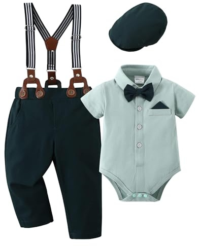 Amissz Completino Bambino per Cerimonia, Baby Neonati 3 Pezzi Battesimo Abbigliamento Set Matrimonio Baby Smoking Camicia con Farfallino + Bretelle Pantaloni + Berretti Beige 6-12 mesi