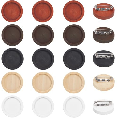 SUNNYCLUE 20 pièce de 5 Couleurs de Cabochons en Bois Vierges en Vrac de 25mm Blanc Noir Marron Naturel Rond Plateau en Bois de Base Paramètres de Broches avec Épingle de Sûreté en Acier Inoxydable p