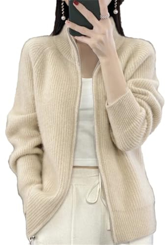 Pegsmio Gilet à manches longues pour femmes avec fermeture éclair en laine mérinos, pull d'hiver épais en cachemire, tricot décontracté pour l'automne et l'hiver, beige, L