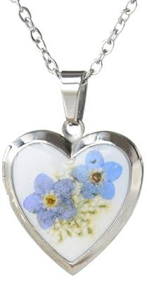 THSOGO Heart Locket Necklace That Holds Pictures Pressed Flower Photo Locket Pendant Necklace for Girl Women Gift for Her（Silver-Forget Me Not）