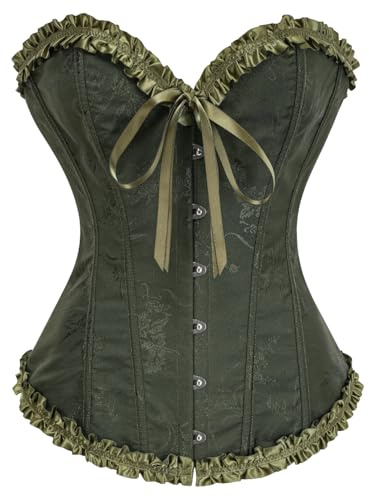 Kelvry Mujeres Sexy Corsé Gótico Bustier Satén Encaje Talla Grande Lencería Vientre Plano, ejército verde, XL