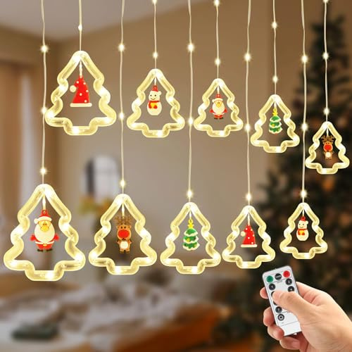 Coomoors Cortina Luces Navidad con 10pcs Adornos Navideños, 4,9 M 120 LE Dcortina de Luces Navidad, 8 Modos con Control Remoto para Decoración Navideña,Ventana,Fiesta,Balcón,Jardin, Blanco Cálido