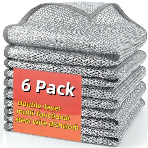 ONZLBOR Double-Layer Non-Scratch Stainless Steel Dish Washing Ceaning Cloths，Dish Cloths，Metal Scourer,Scrubbers Scourers Cloth for Cookware, Sinks, and Stove Tops Wire Dishwashing Rags (6 Pack)