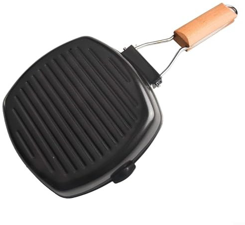 Cast Iron Grill Pan with Folding Wooden Handle, Non Stick Square Griddle Pan for Induction Electric Gas Stove, Indoor Outdoor Cooking 20cm/7.87 Inches