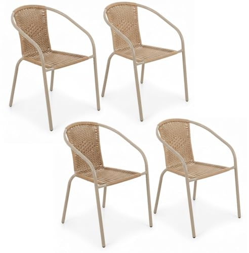 LOLAhome Pack 4 Sillas Jardín Exterior | Sillon Ratan Beige y Acero con epoxi Anticorrosión | Apilables | Cómodas y Resistentes | Balcón, Terraza o Jardín | Trivia