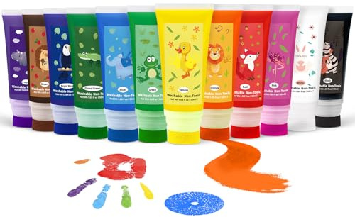 Nabance 12 Colours Finger Paint Set (50ml) Washable Baby Safe Paint with Sponge Head Non Toxic Child Friendly Paint Ideal Gifts for Birthdays, Christmas & Preschool Learning