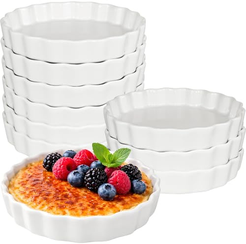 10 Pack Creme Brulee Ramekins Oven Safe, 8oz Ceramic Shallow Souffle Dishes | 15cm White Porcelain Baking Dishes, Fluted Round Baking Pan for Individual Desserts, Quiches, Tarts and Dinner Party Serving