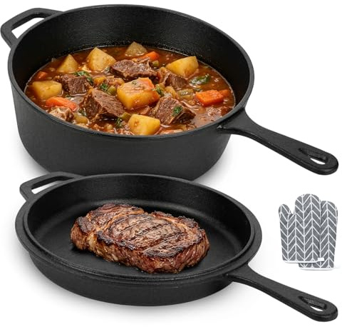 Ensemble de casserole et poêle 2 en 1 en fonte de 4,5 l + poêle de 1,5 l comme couvercle, cocotte pour four, cuisinière à gaz, électrique et à induction, convient pour rôtir, braiser et cuire au four