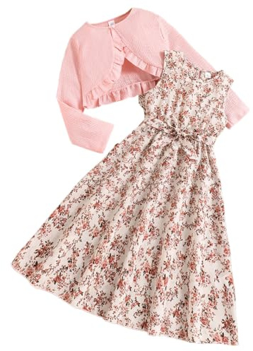 Blomklänning för flickor med kofta 2-delad A-linjeformad outfit 7–12 år | Ärmlös sommarklänning för flickor med spagettiband; långärmad boleroset; casual vårhöstkläder för skola vardag