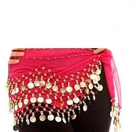CKC 3 Rows Belly Dance Costume Belt Skirt Hip wrap Outfit Gold Coin Bead Scarf (Shocking Pink)