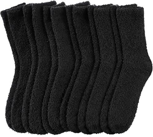 DYW Mens Fuzzy Slipper Socks Super Soft Cozy Fluffy Winter Warm Sleeping Socks (6 pairs Black,Large)