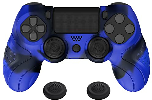 PlayVital Hülle für ps4 Controller,Anti-Rutsche Schutzhülle Case Zubehör Hülle ergonomische Silikonhülle,2 Stück Joystick Caps für ps4 Slim Pro Controller(Guardian Edition,Blau & Schwarz)