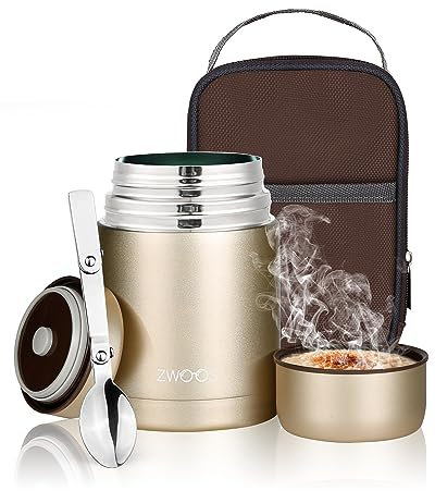 ZWOOS 800 ml Thermobehälter für Essen, 316 Edelstahl Wärmebehälter für speisen, Auslaufsicher Thermobecher Essen mit Edelstahllöffel, 12 Stunden Heiß, 12 Stunden Kalt(Champagner Golden)