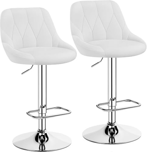 Yaheetech Juego de 2 Taburetes de Bar de Altura Ajustable 86-107,5 cm Sillas de Bar Asiento Giratorio Reposapiés Cuadrado Estructura de Metal Blanco