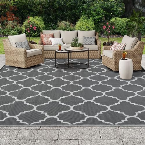 OIGAE Balkon Teppich Wasserfest 150x240CM Outdoor Teppich Modern StrapazierfäHige Teppiche Für Terrasse Garten Grau Wendbarer Plastik Recyceltem Camping Teppich UV BestäNdig Teppich