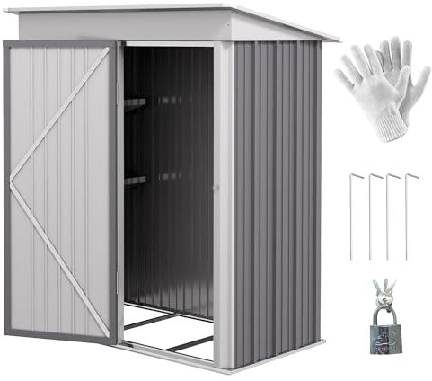 Outsunny 5x3ft Steel Small Garden Shed, Outdoor Lean-to Shed with Adjustable Shelf, Lock and Gloves for Patio, Garden, Grey with Foundation Kit