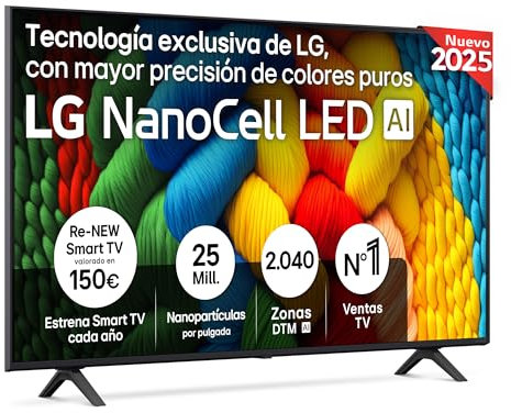 LG 55NANO80A6B - TV 55, 4K NanoCell, Smart TV, LED IA, WebOS 25, Procesador Potente e Inteligente, Super Upscaling, Dolby Digital Plus, Alexa/Google Assistant, Negro