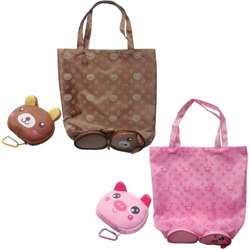 LaresDay Cute cartoon Faltbare Einkaufstasche 2 Stück aus Oxford-Stoff | Große Waschbare Tragetasche mit Karabinerhaken | Leichter Einkaufsbeutel für Supermarkt, Lager & Outdoor