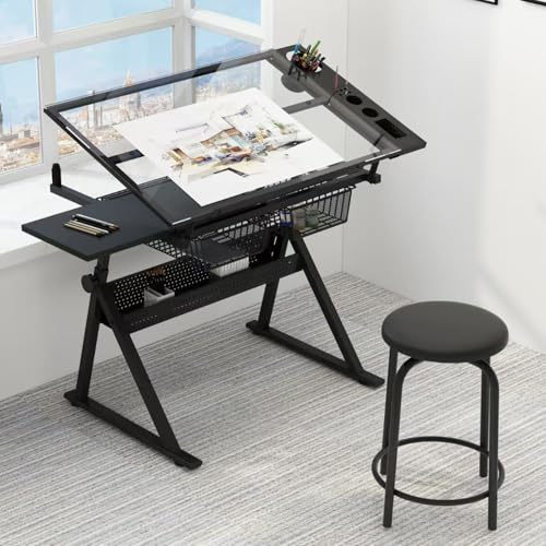 AOPNOMU Drafting Table with Stool, Height Adjustable Art Desk with Tilting Tempered Glass Tabletop, Expansion Board, and Multi-Storage, Drawing Table for Studio, Artists, Home Office, Painters, Black
